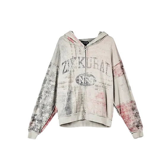 Vintage Washed Print Zip-Up Hoodie with Distressed Details